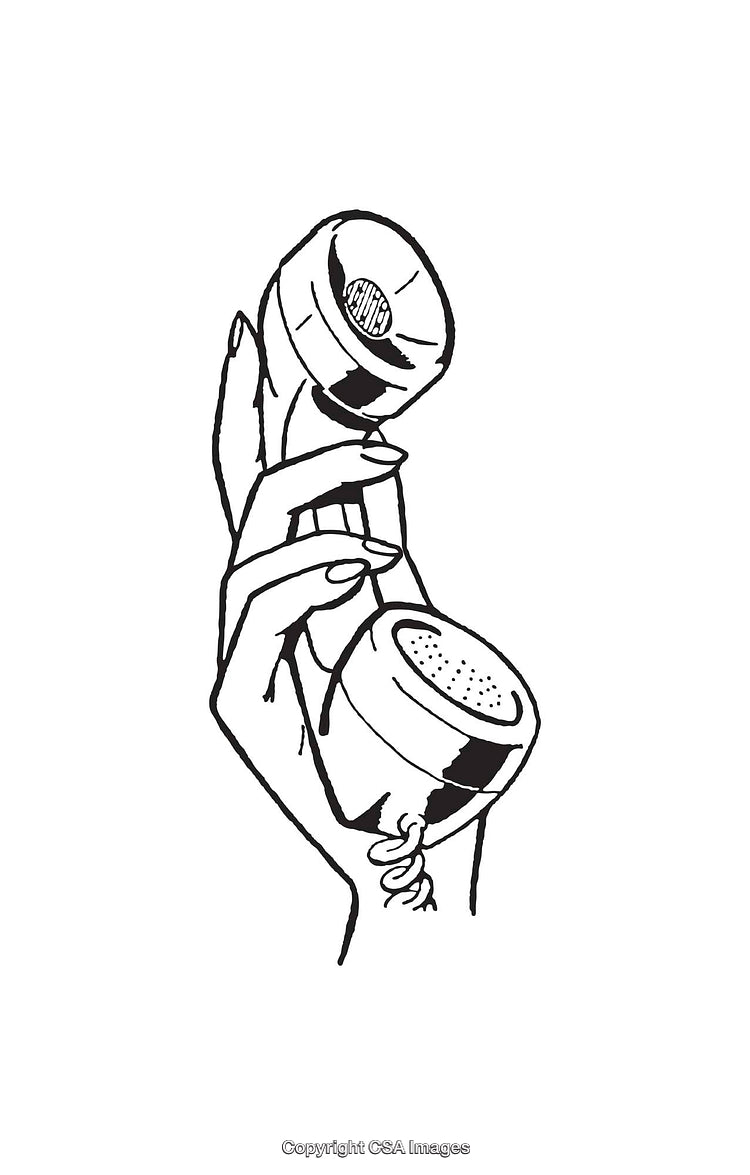 Black and White Illustration of a Hand Holding a Vintage Telephone Handset