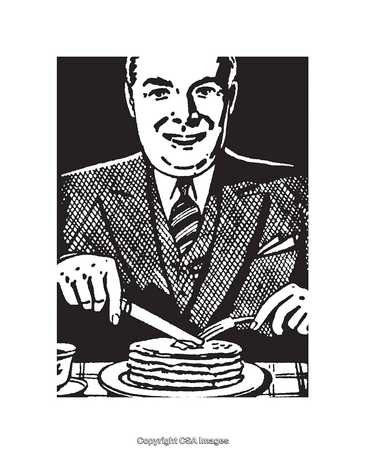 Vintage Illustration of a Man Enjoying Pancakes in Black and White Art Style