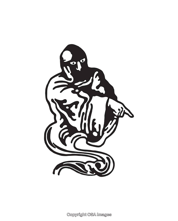 Black and White Line Art Depicting a Mysterious Hooded Figure