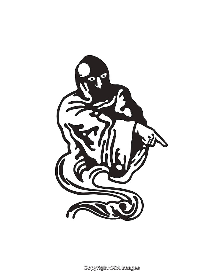 Black and White Line Art Depicting a Mysterious Hooded Figure