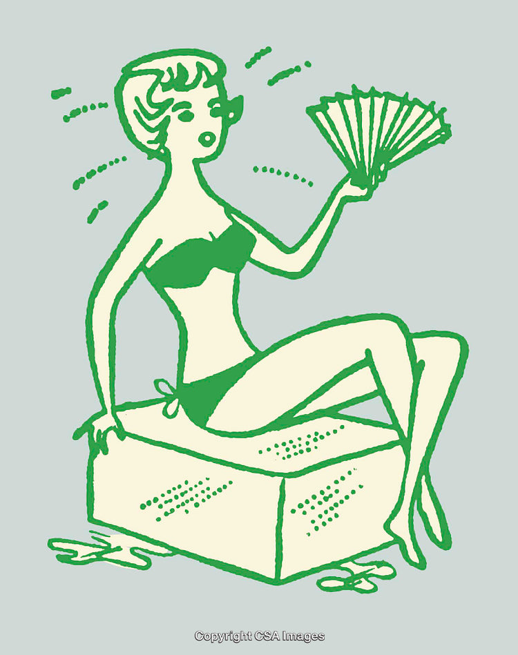 Retro Style Illustration of a Woman Cooling Using Hand Fan
