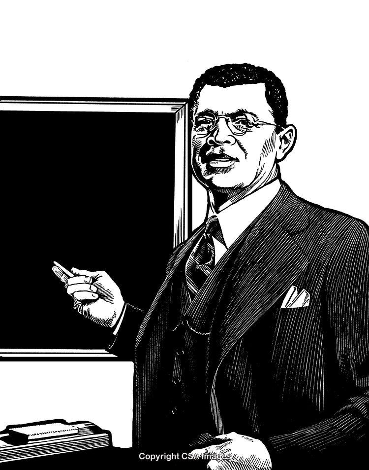 Black and White Engraving of a Teacher by a Blackboard