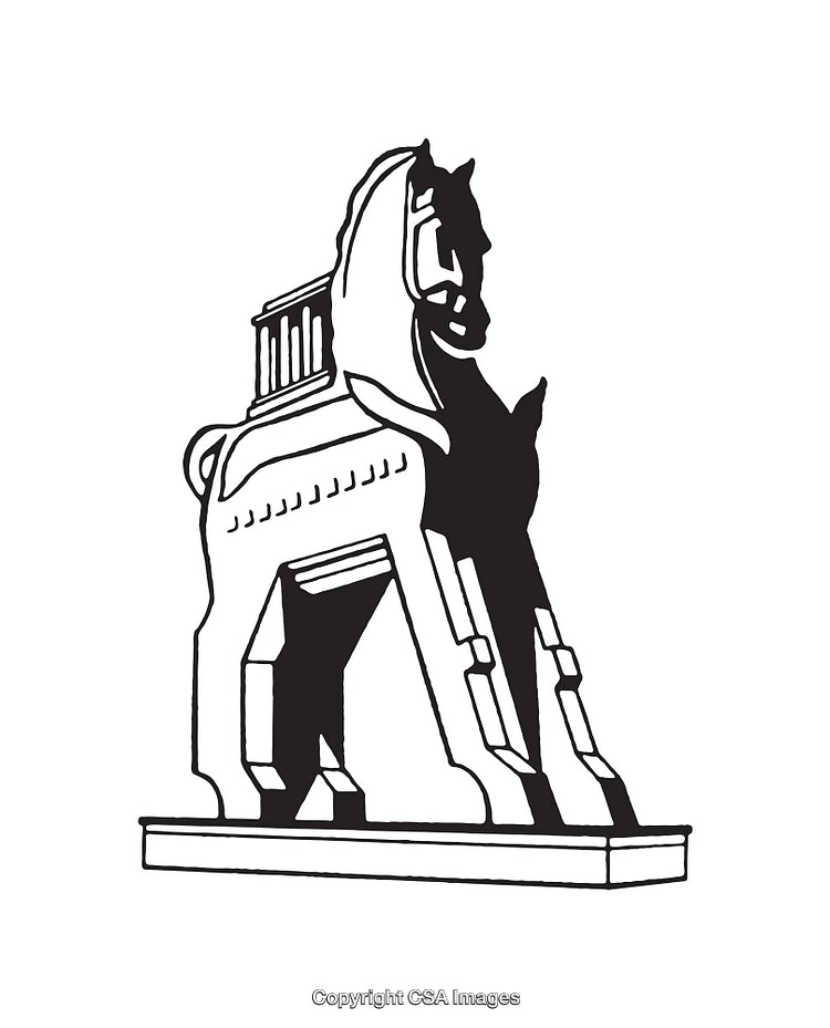 Black and White Line Art Illustration of the Trojan Horse