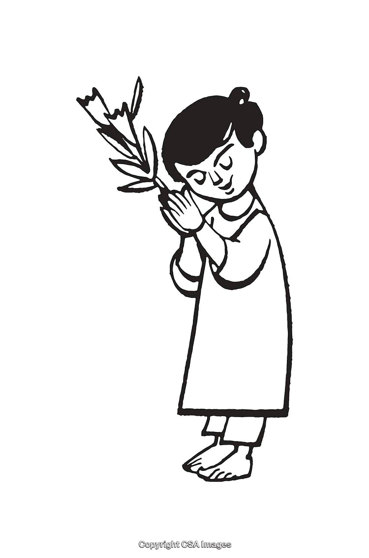 Black and White Line Art of a Child Holding Flowers in Reflection