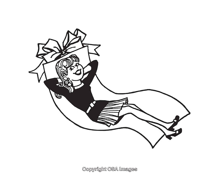 Black and White Art of Woman Relaxing on a Large Wrapped Gift