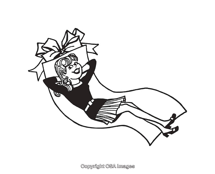 Black and White Art of Woman Relaxing on a Large Wrapped Gift
