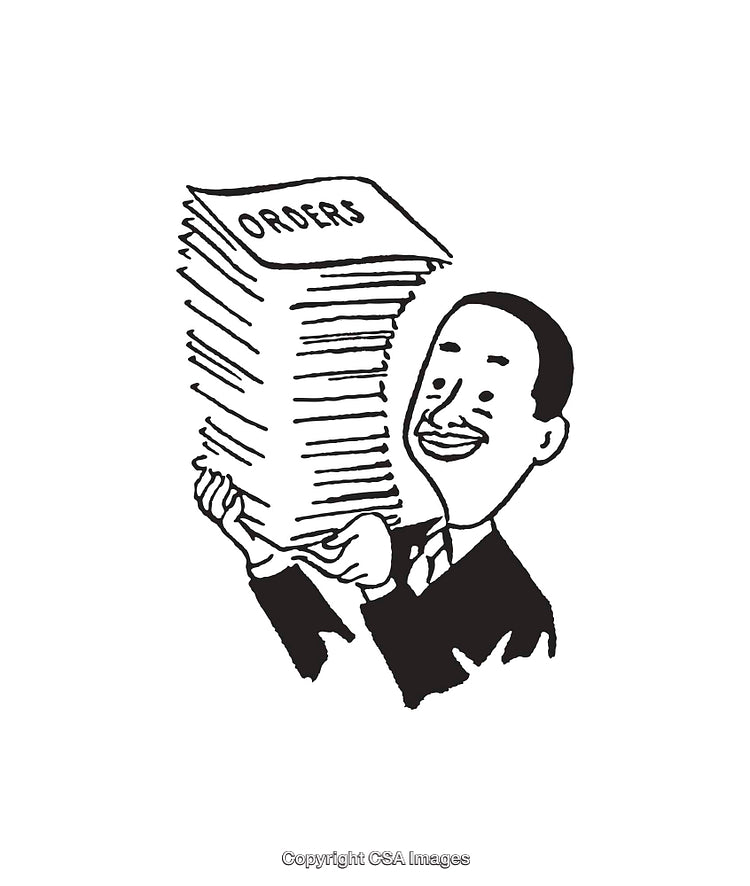 Cartoon Businessman Holding Large Stack of Paperwork Labeled Orders