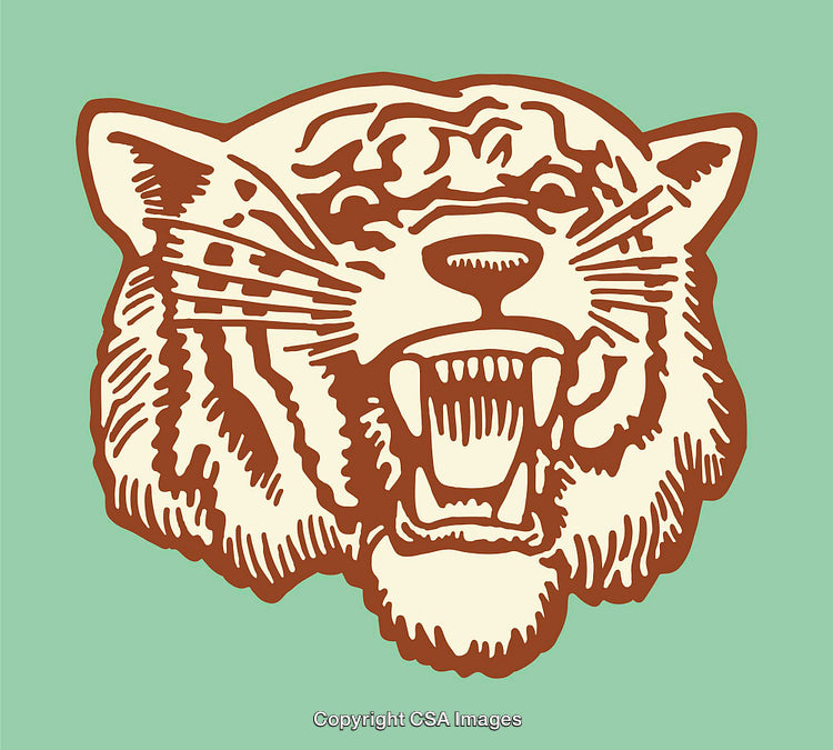 Vibrant Line Art Illustration of a Roaring Tiger on Green Background