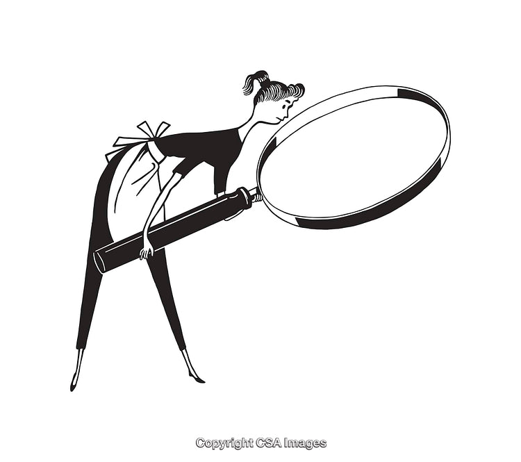 Black and White Artwork of a Woman Using a Magnifying Glass