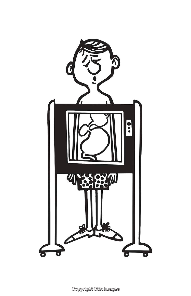 Black And White Cartoon of a Man Exposed By a Scanner