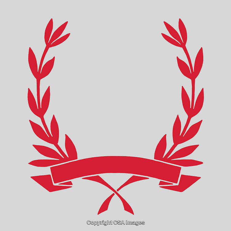 Minimalist Red Laurel Wreath With Ribbon on Gray Background