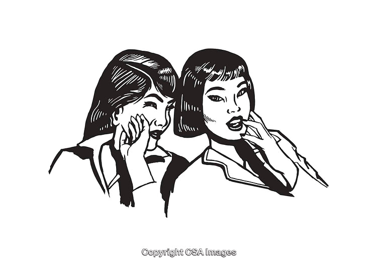 Black and White Line Art Shows Two Women Sharing a Secret