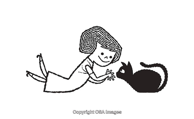 Black and White Line Art Illustration of a Girl Interacting With a Cat
