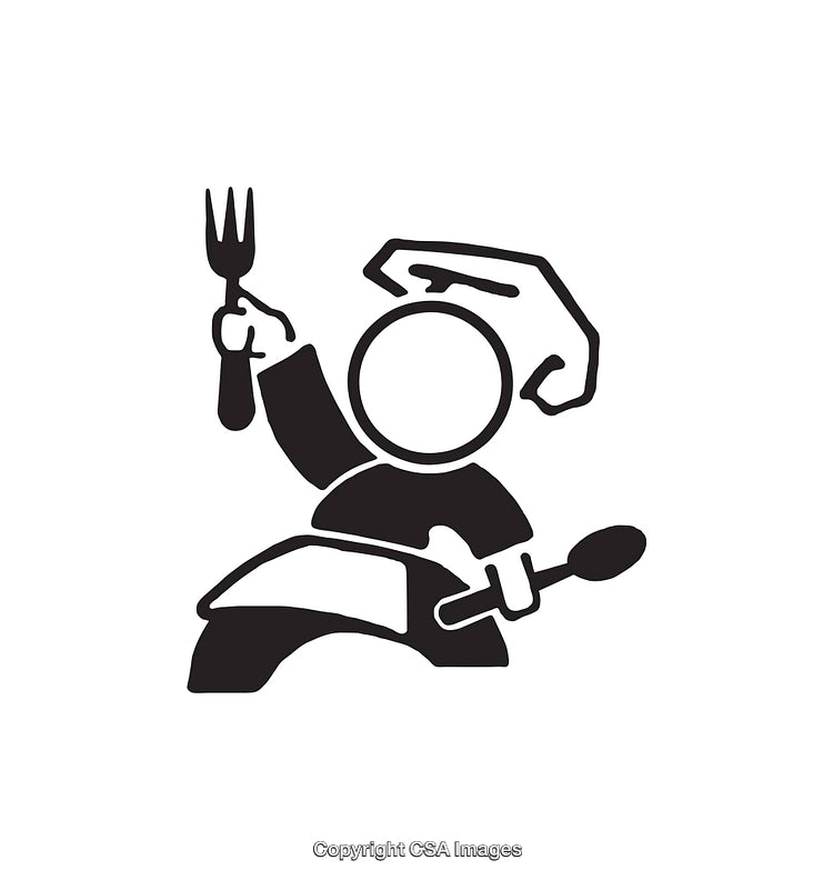 Black and White Illustration of a Chef Holding a Fork and Cooking Utensil
