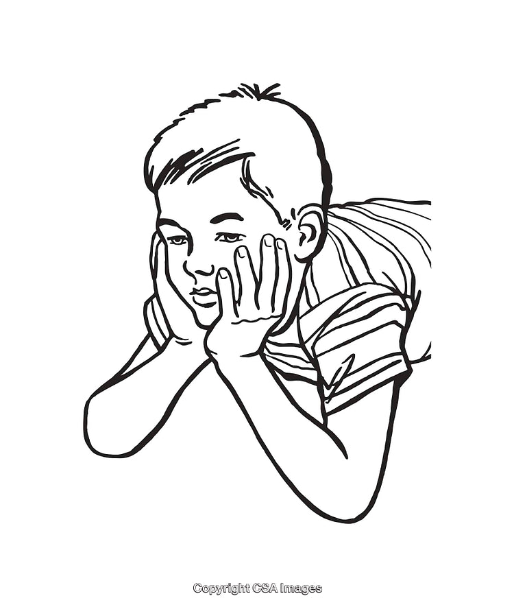 Black and White Line Art of a Thoughtful Young Boy Resting
