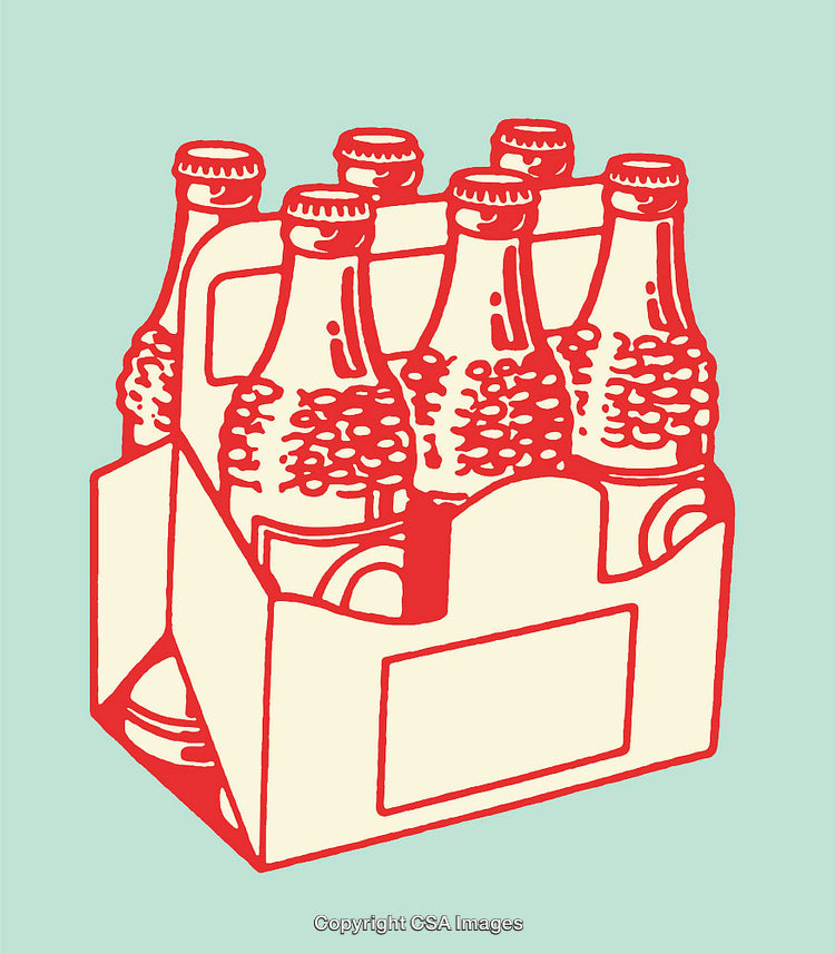 Grocery Six-Pack of Glass Bottles in Retro Styled Line Art Illustration