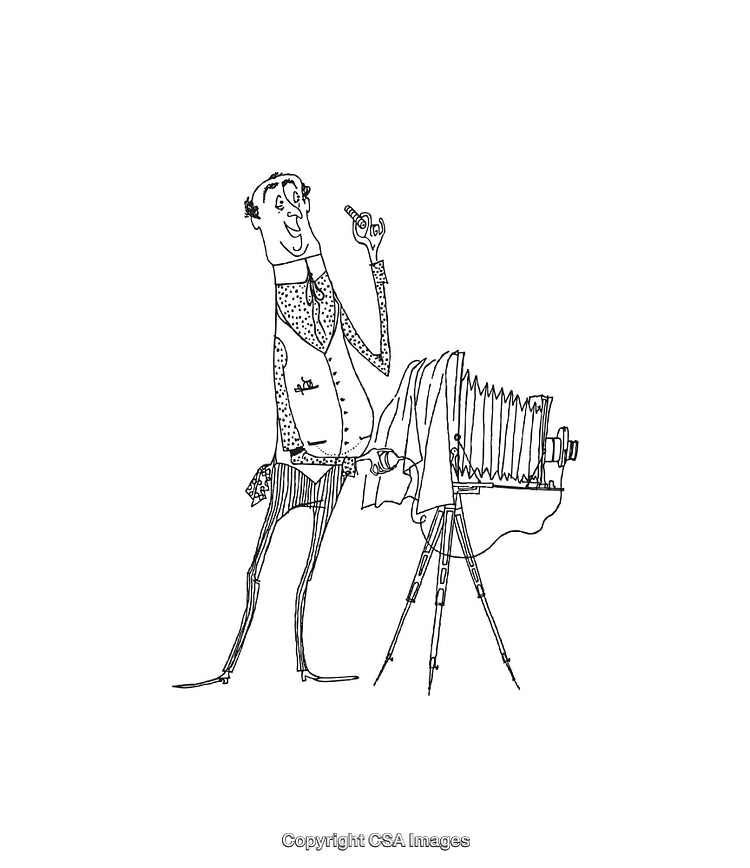 Illustrated Vintage Photographer Working with Old Camera on Tripod