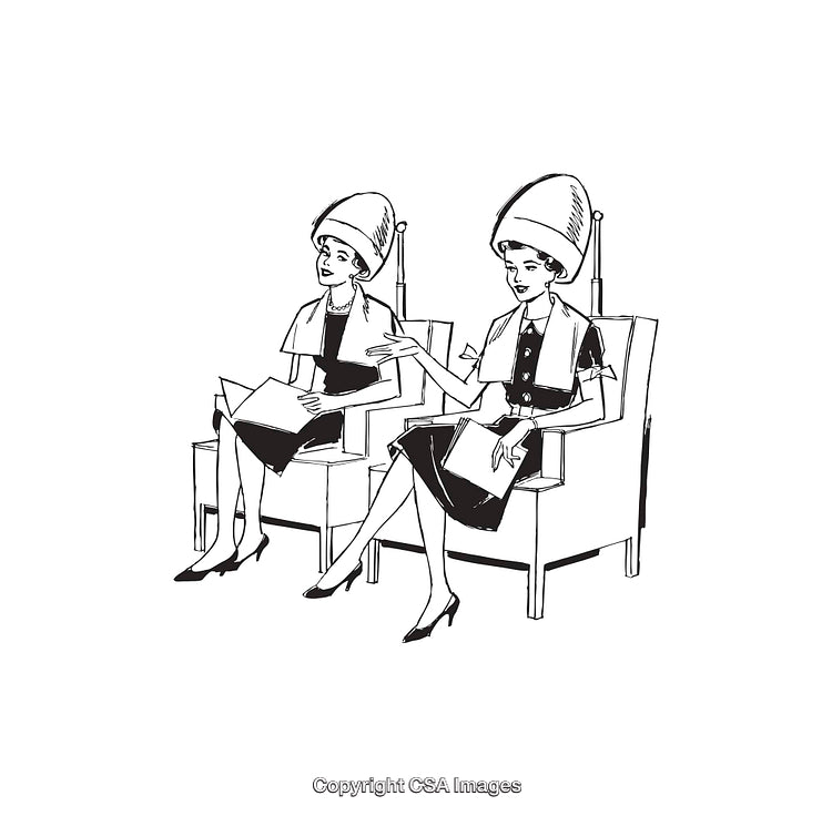 Vintage Line Art of Two Women Conversing in a Salon Setting