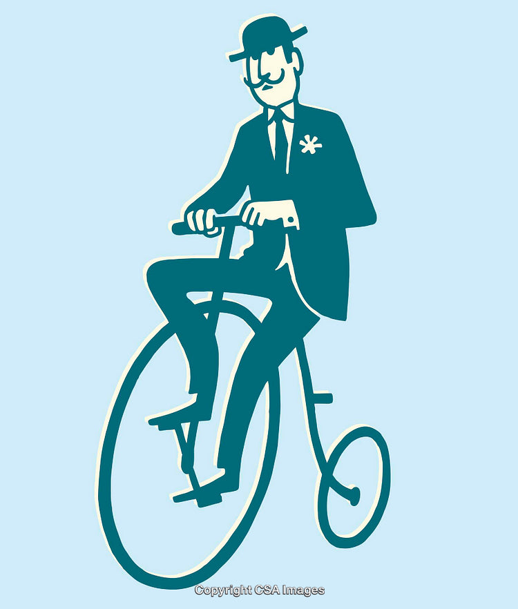 Vintage Gentleman Riding a Penny-Farthing Bicycle on Light Blue Background