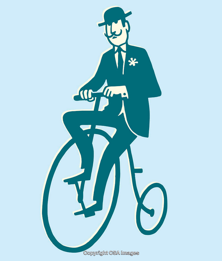 Vintage Gentleman Riding a Penny-Farthing Bicycle on Light Blue Background