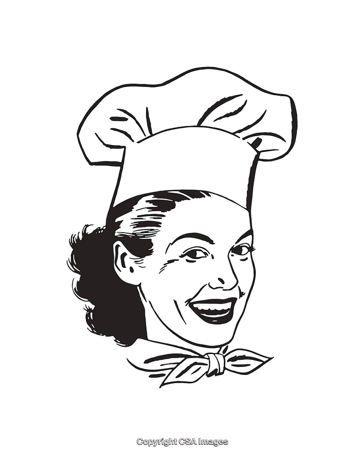 Retro Black and White Drawing of a Smiling Female Chef