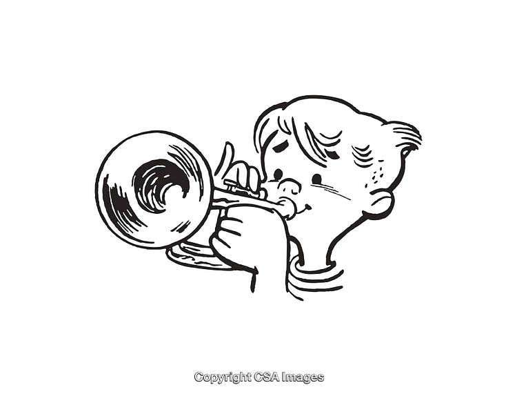 Boy Playing A Trumpet In Black And White Line Art Style