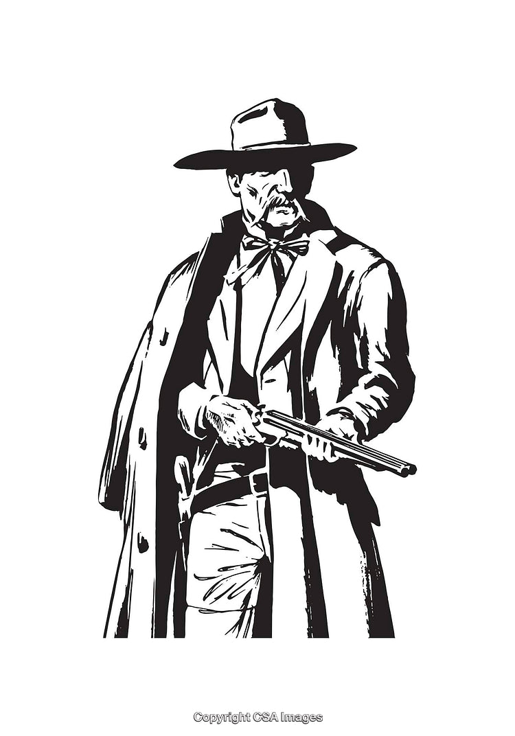 Black and White Line Art Illustration of a Western Gunslinger Holding a Rifle