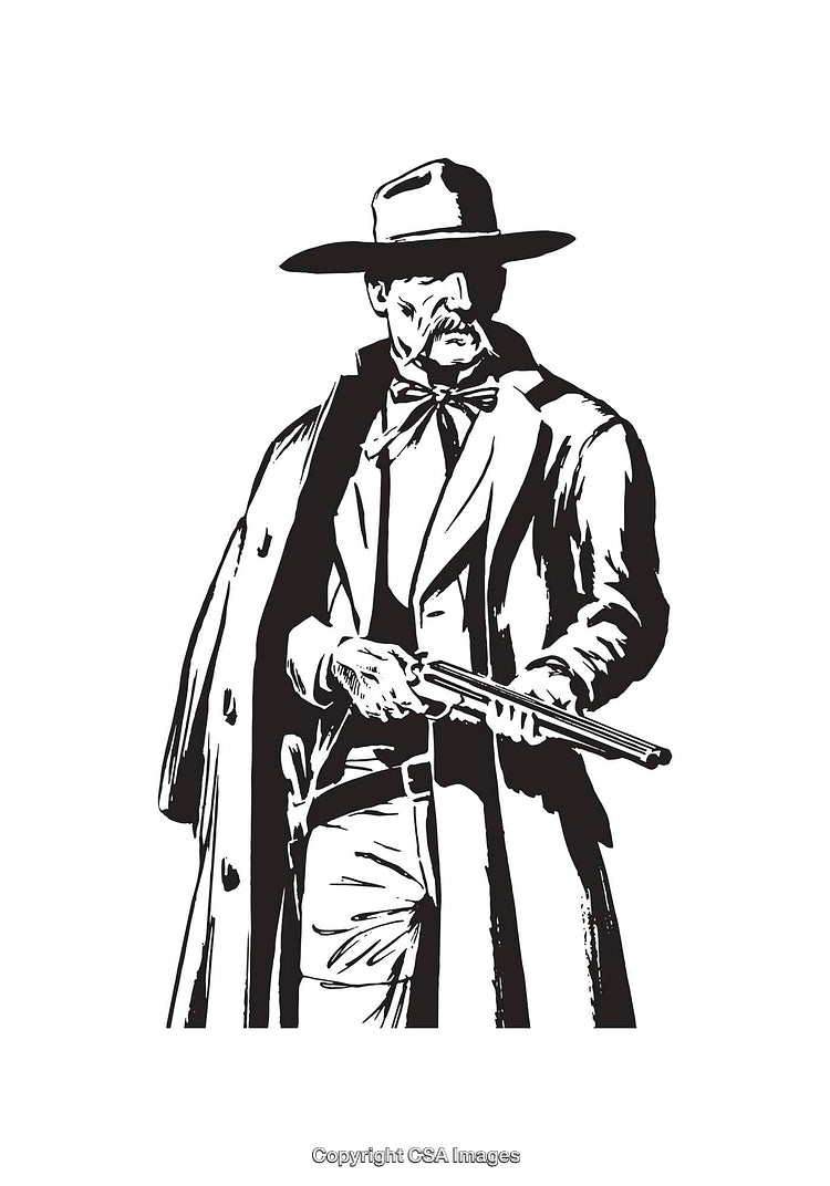 Black and White Line Art Illustration of a Western Gunslinger Holding a Rifle