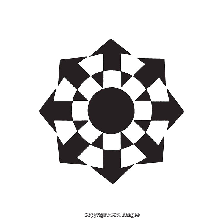Black and White Geometric Design with Arrows and Circular Patterns