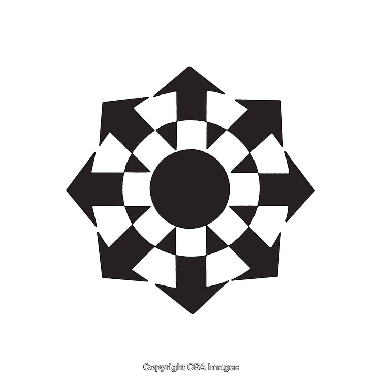 Black and White Geometric Design with Arrows and Circular Patterns