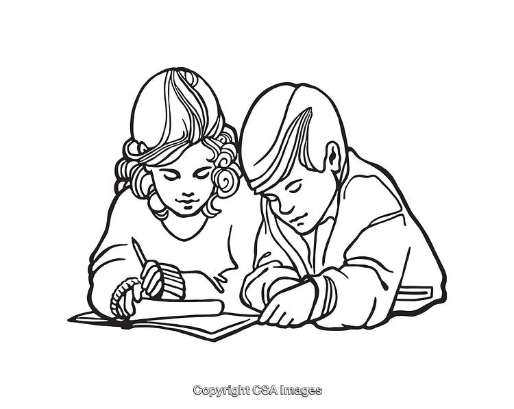 Illustration of Two Children Drawing Together in Black and White Line Art