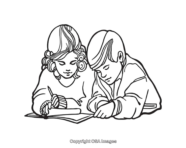 Illustration of Two Children Drawing Together in Black and White Line Art