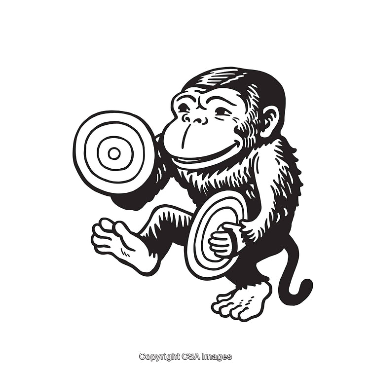 Black and White Illustration of a Cymbal-Clapping Toy Monkey in Line Art Style