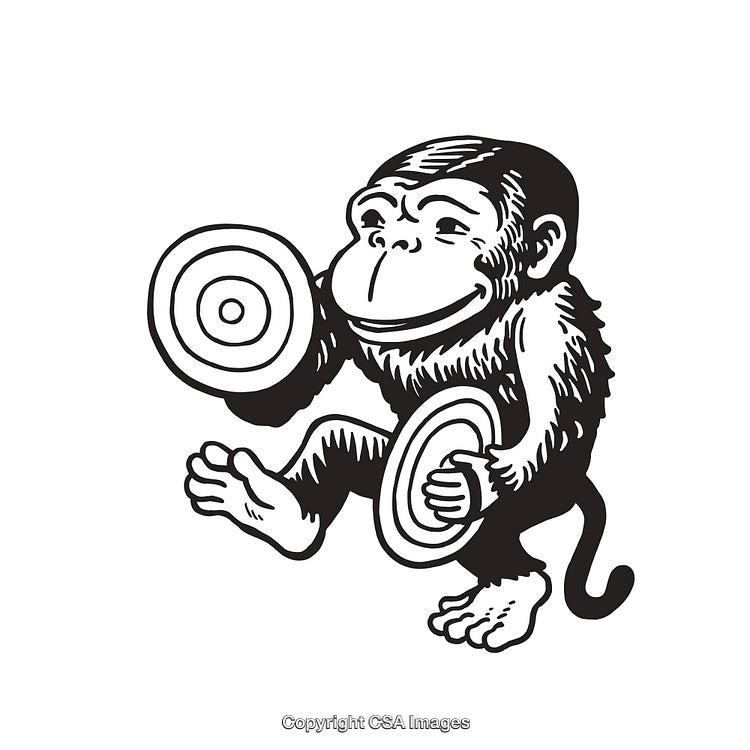 Black and White Illustration of a Cymbal-Clapping Toy Monkey in Line Art Style