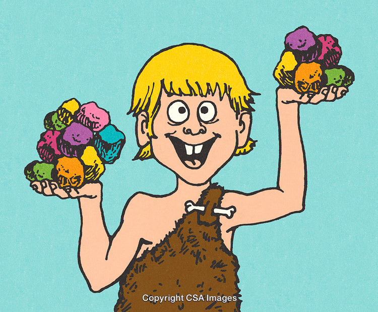 Smiling Character Holding Colorful Objects in Cartoon Illustration on Blue Background