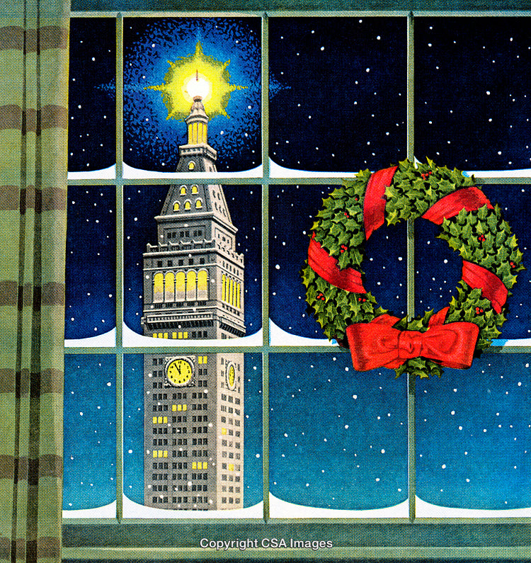 Christmas Wreath Hanging on a Window Overlooking Brightly Lit Tower at Night