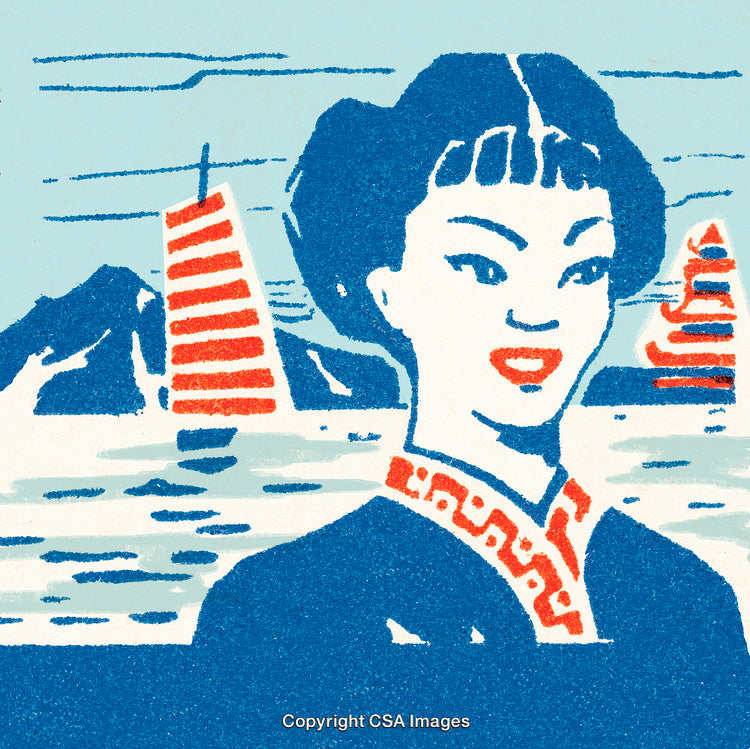 Retro Print of Woman with Sailboats in a Serene Seascape