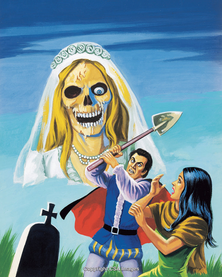 Fantasy Scene of Hero Battling Ghostly Bride With Shovel