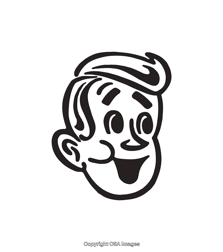 Playful Retro Line Art Illustration of a Smiling Boy Character Face