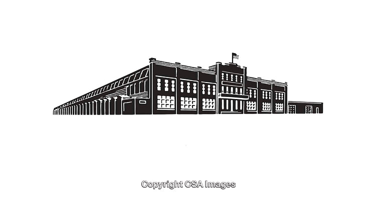 Black and White Line Art Illustration of a Large Brick Building