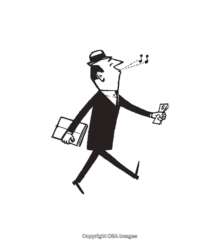 Vintage Line Art of Whistling Businessperson Holding Money and a Notebook