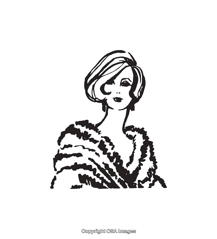 Elegant Black And White Portrait Illustration of Stylish Woman in Fur