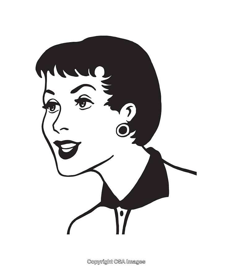 Retro Black and White Line Art of a Smiling Woman's Face