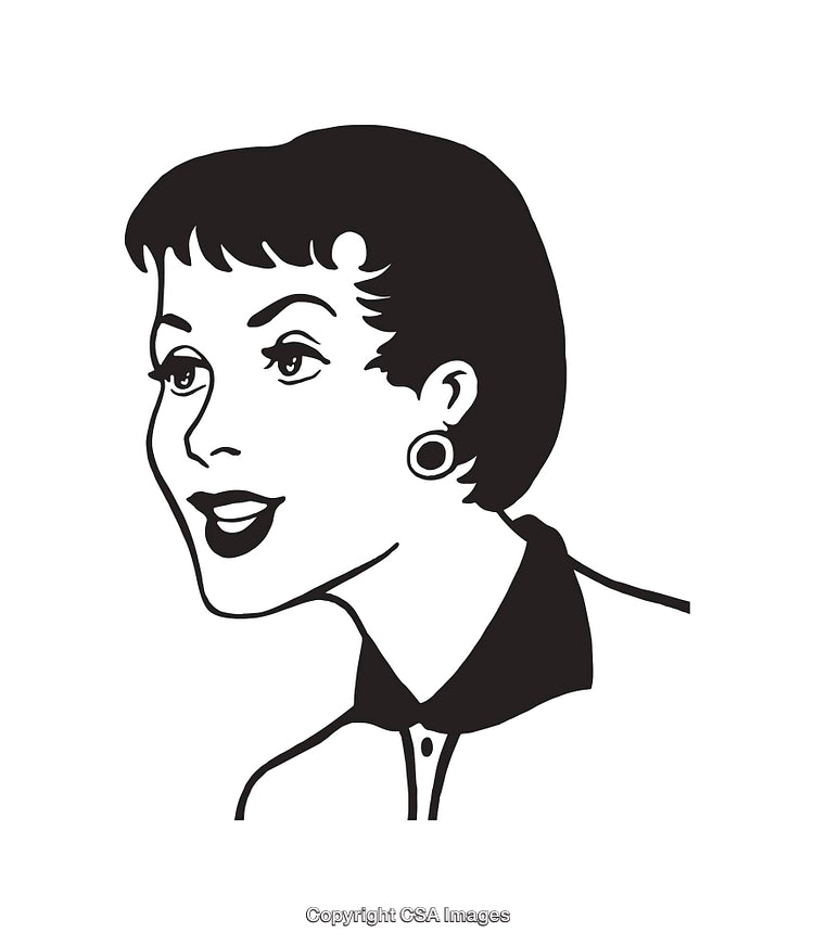 Retro Black and White Line Art of a Smiling Woman's Face