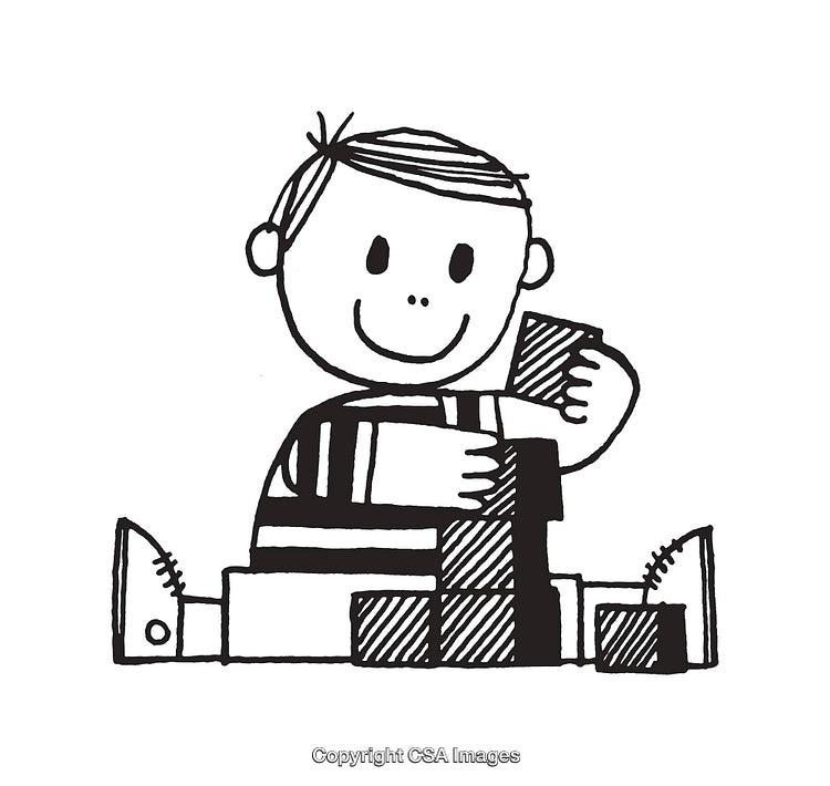 Black and White Illustration of Smiling Child Playing With Blocks
