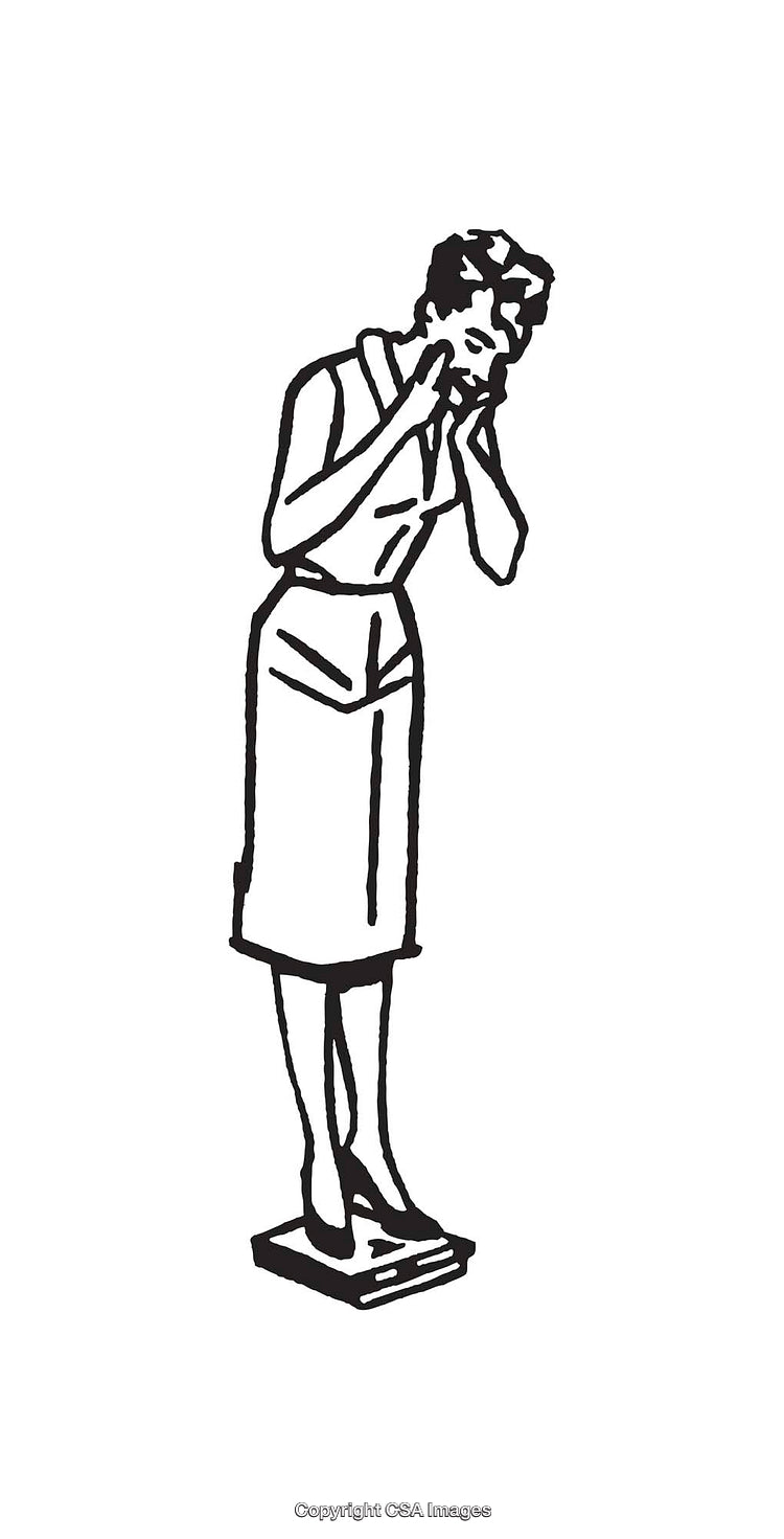Vintage Line Art of a Woman Standing on a Scale