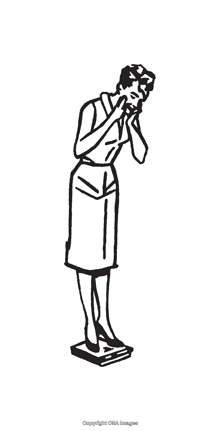 Vintage Line Art of a Woman Standing on a Scale