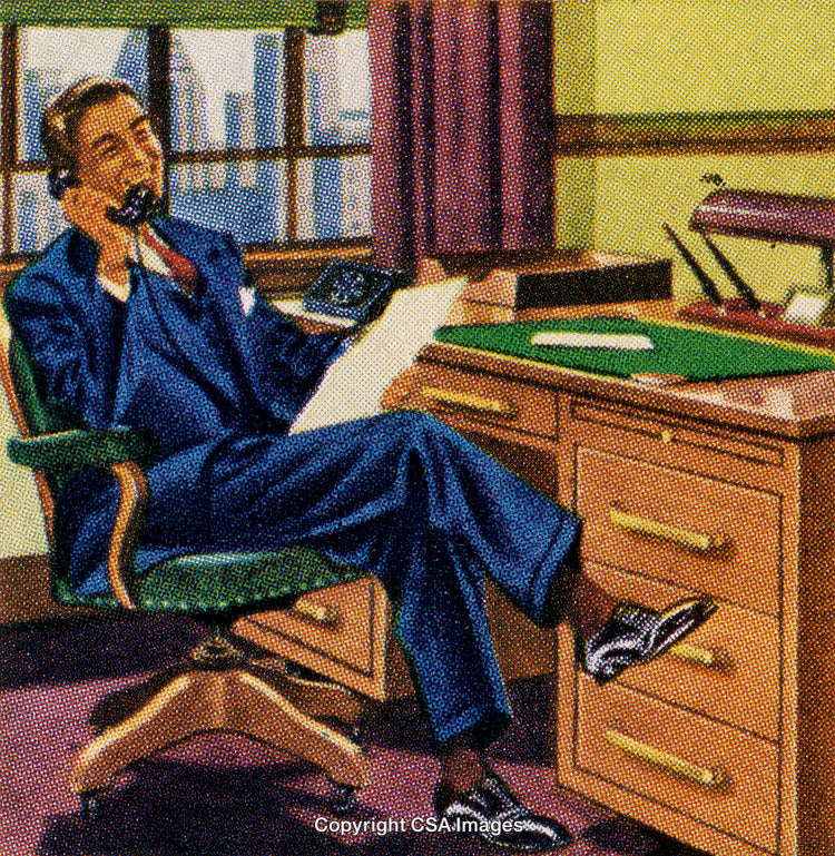 Vintage Illustration of a Businessman Talking on the Phone in an Office