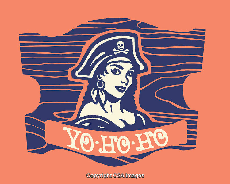 Pirate Artwork Featuring Female Buccaneer with Nautical Elements and Decorative Banner