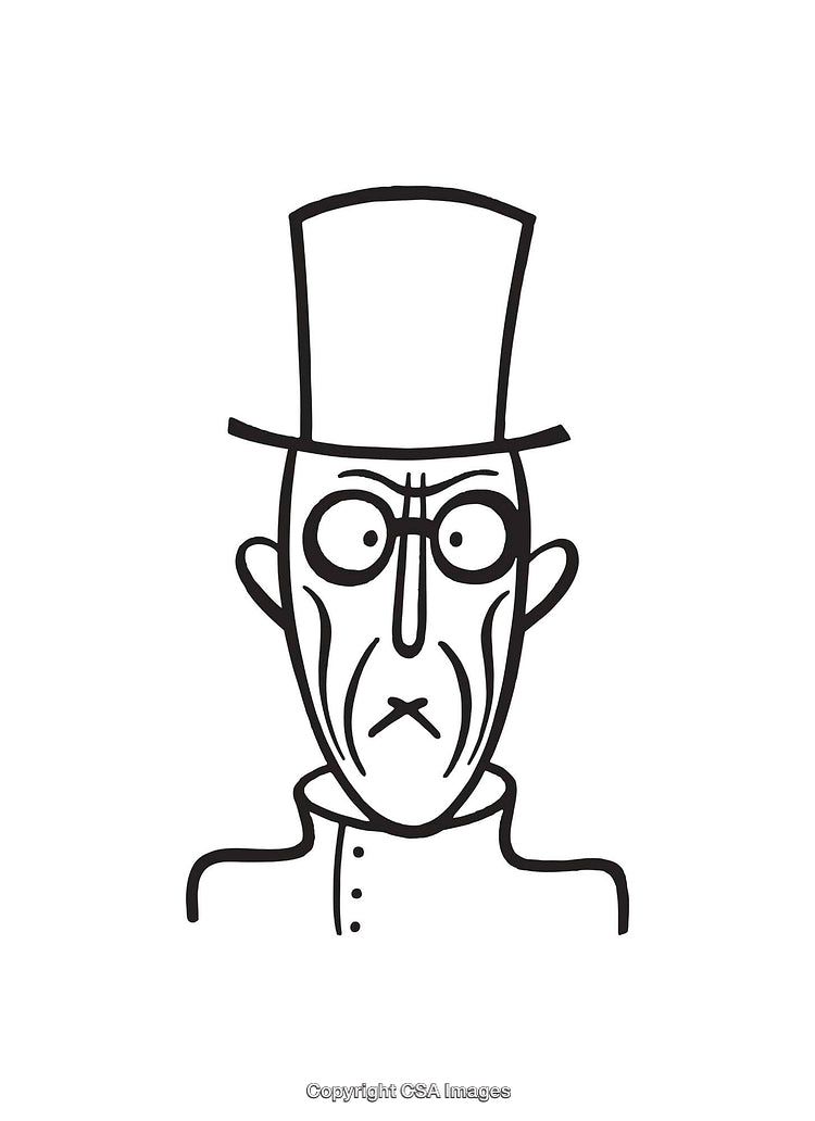 Black And White Illustration of a Stern Character Wearing a Top Hat